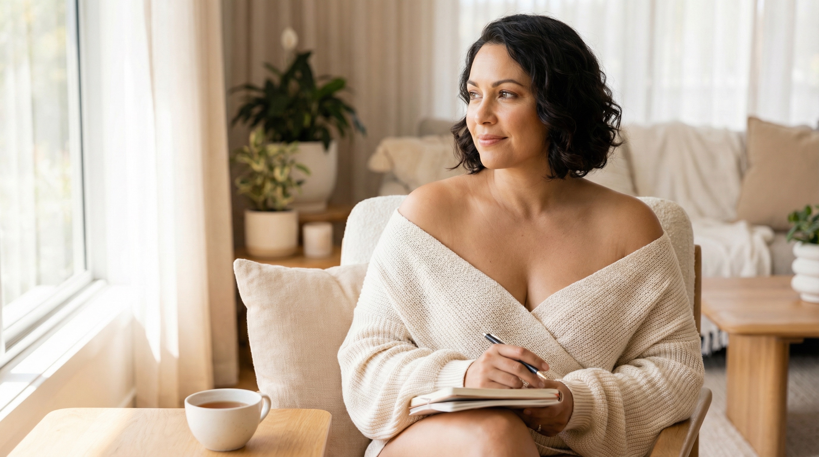 Thoughtful woman in blue shirt sitting on couch with notebook, representing women with breast implants considering a health check