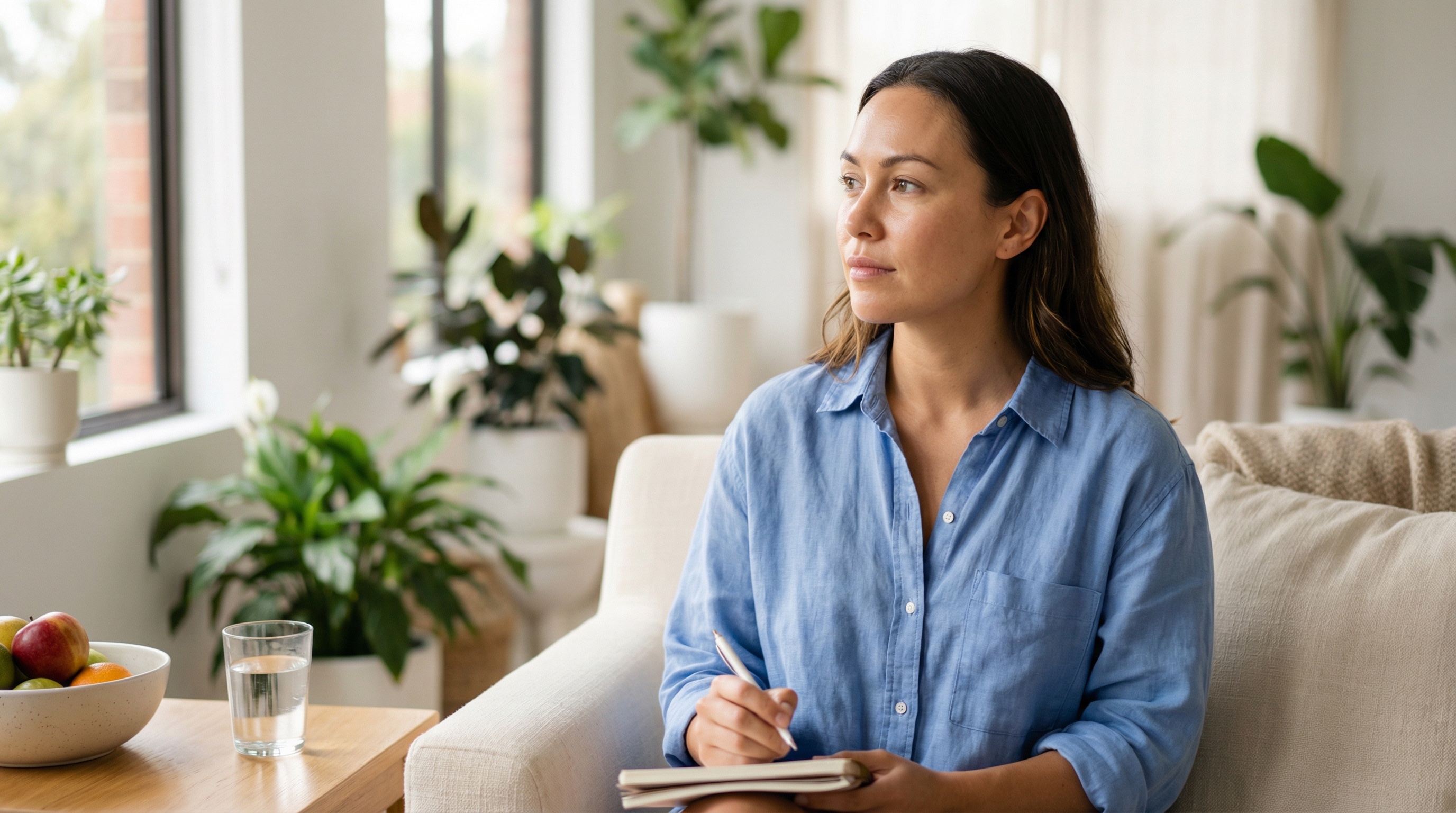 Relaxed woman in cream sweater sitting in sunlit living room with notebook and tea, representing women without implants considering breast health screening
