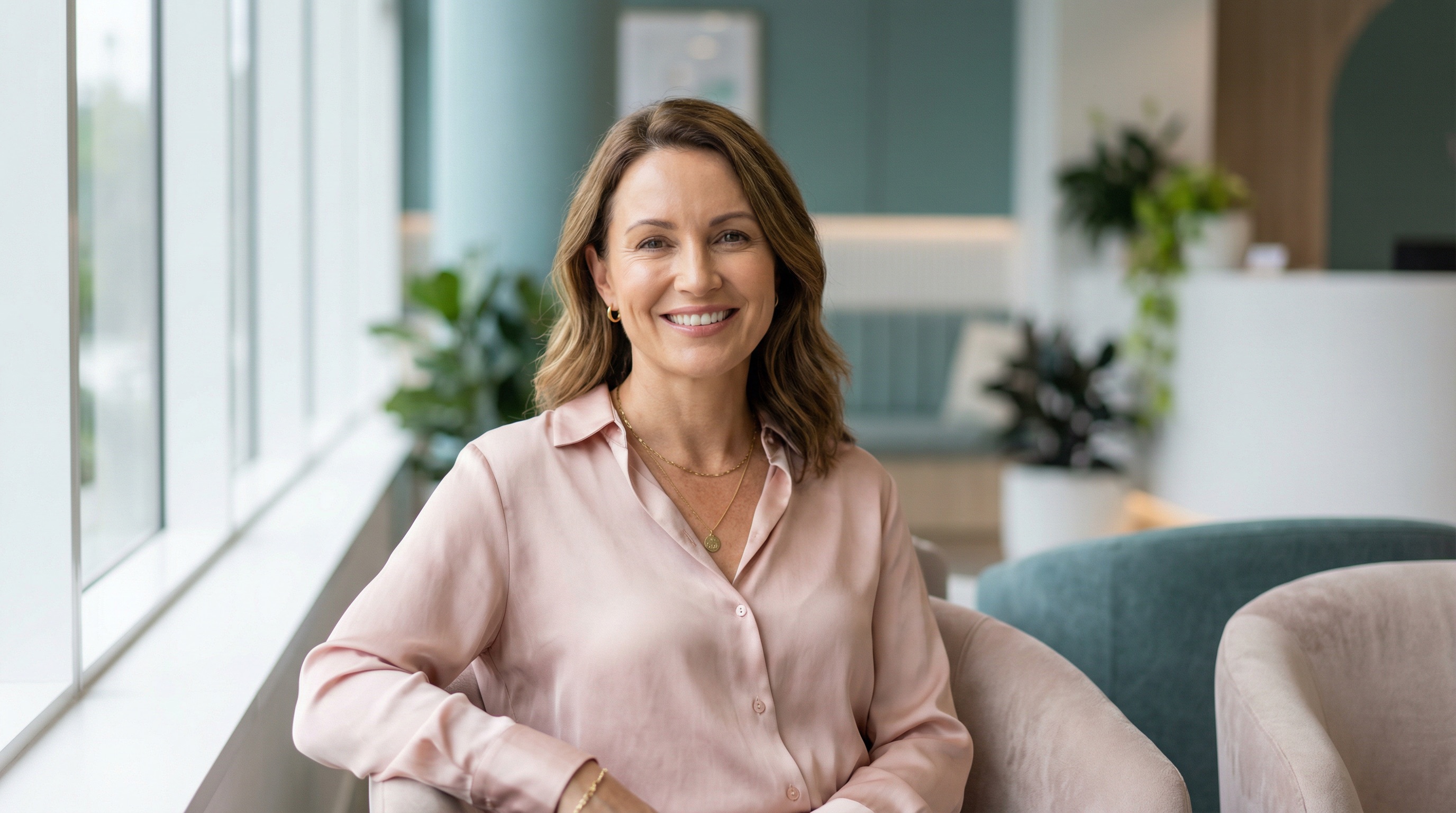 Woman with breast implants smiling in a modern clinic setting